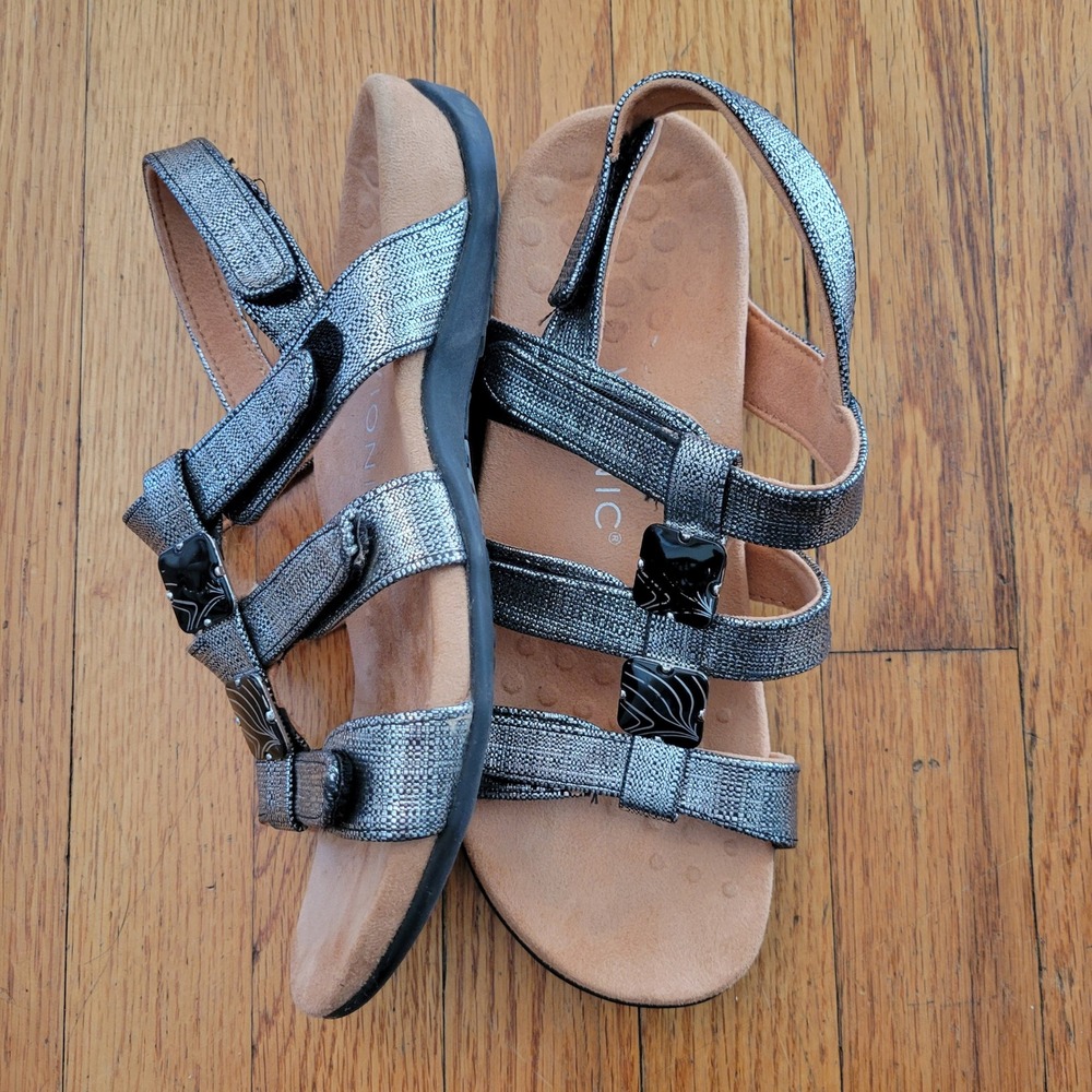 Vionic Amber‎ Metallic Silver Black Strappy Wedge Sandals 7 Comfort Glam Bling